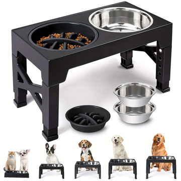 Elevated Dog Bowls, 5 Adjustable Heights Raised Dog Bowl Stand, With 2 Stainless Steel Dog Food Bowls And 1 Slow Feeder Dog Bowl, Adjusts To Height 3.2