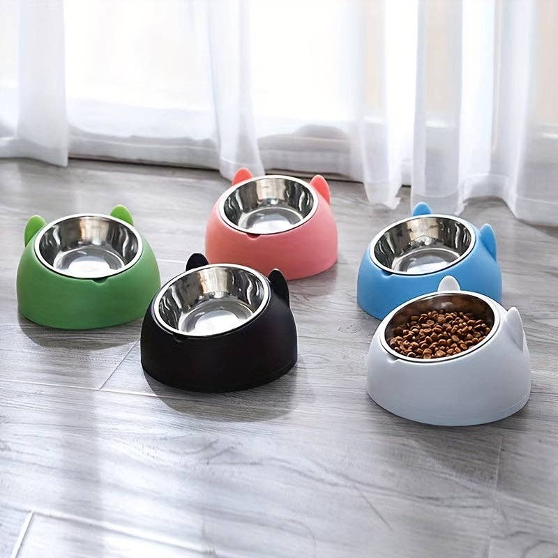 100ml Tilted Cat Feeder Bowl - Raised 15 Degrees Stainless Steel Pet Bowl with Non-Slip Base for Neck Protection and Easy Eating - Durable, Dishwasher Safe, and Healthy Feeding Solution