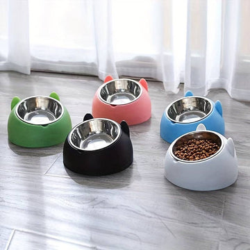 100ml Tilted Cat Feeder Bowl - Raised 15 Degrees Stainless Steel Pet Bowl with Non-Slip Base for Neck Protection and Easy Eating - Durable, Dishwasher Safe, and Healthy Feeding Solution